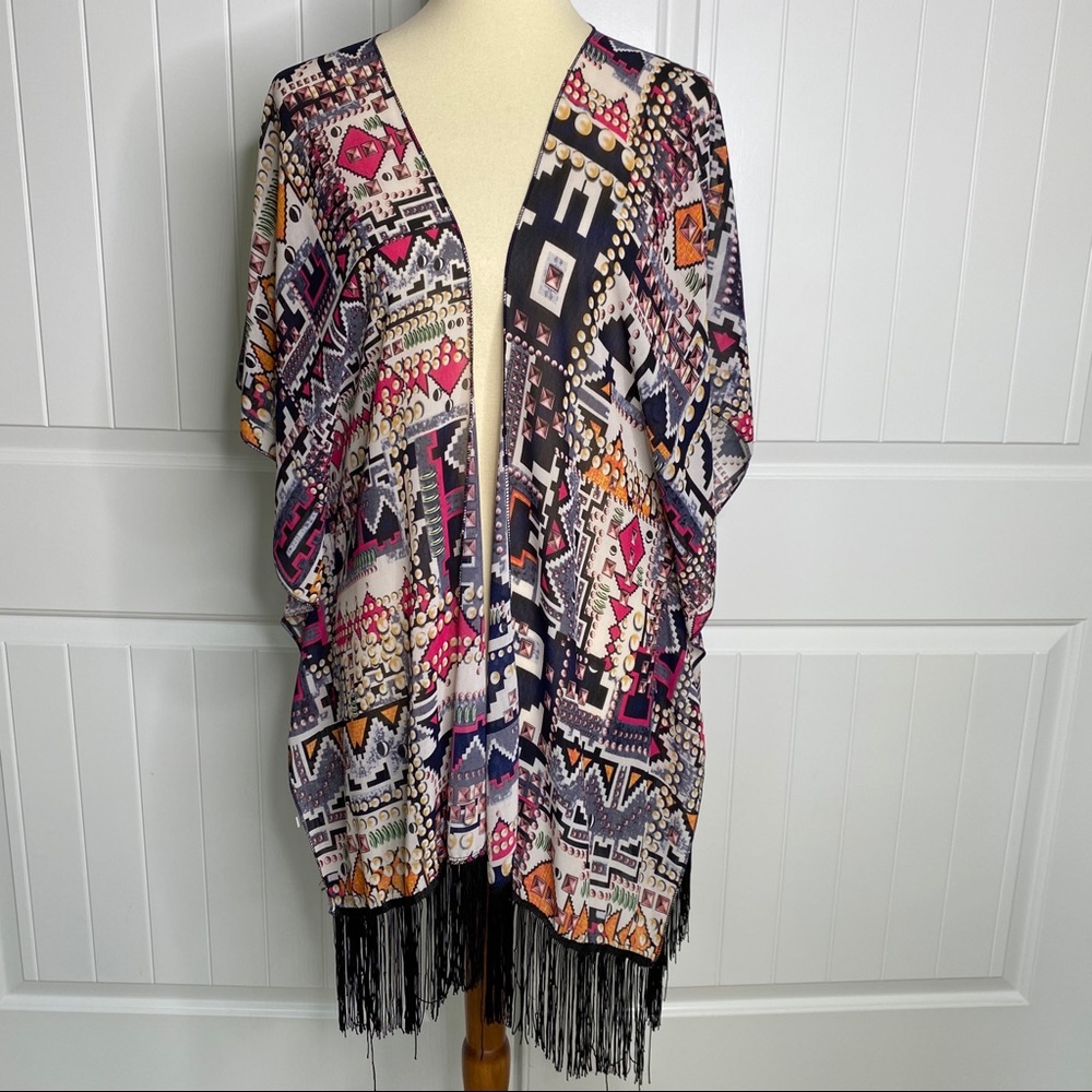 No brand colorful fringe kimono